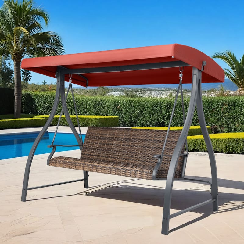 Aoodor 3-Seat Outdoor Rattan Patio Swing with Adjustable Canopy - Stylish Comfort for Your Porch, Garden, and Yard