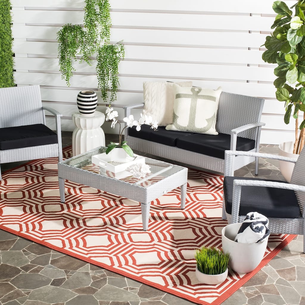 SAFAVIEH Veranda Indoor/ Outdoor Waterproof Patio Backyard Rug - Red/Creme - 6'7" x 9'