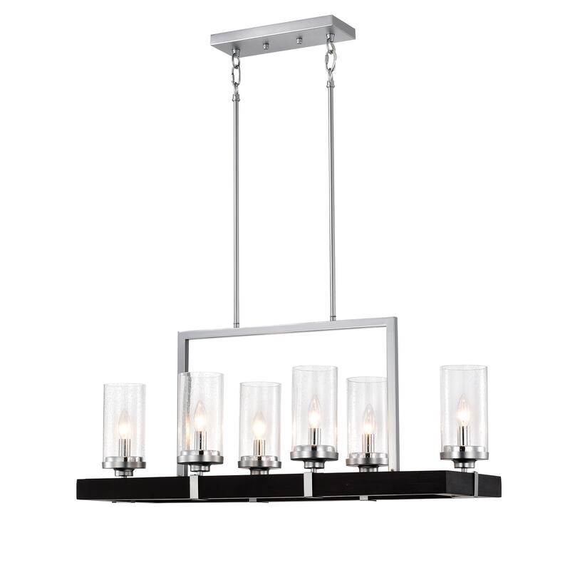 Wood and Metal 6-light Linear Chandelier with Seeded Glass Shades Silver / Black