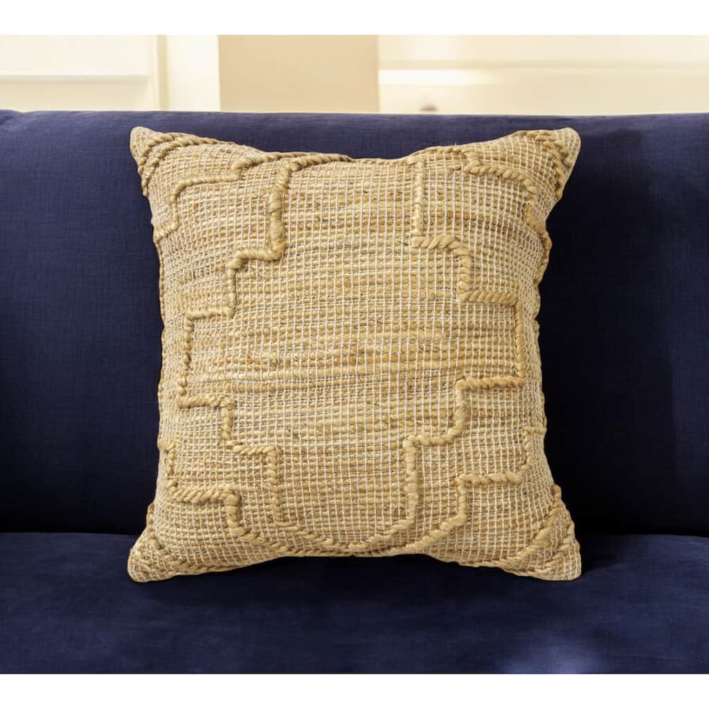 HomeRoots 22" Natural Trellis Jute Throw Pillow With Embroidery