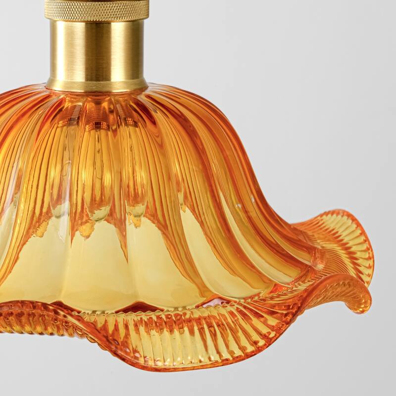 1-Light Retro Flower-Shaped Mertal Semi-Flush Mount Ceiling Light with Amber/Green Textured Glass Shade