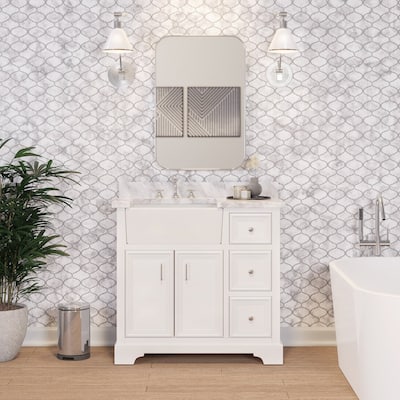 KitchenBathCollection Zelda 36" Farmhouse Bathroom Vanity with Carrara Marble Top