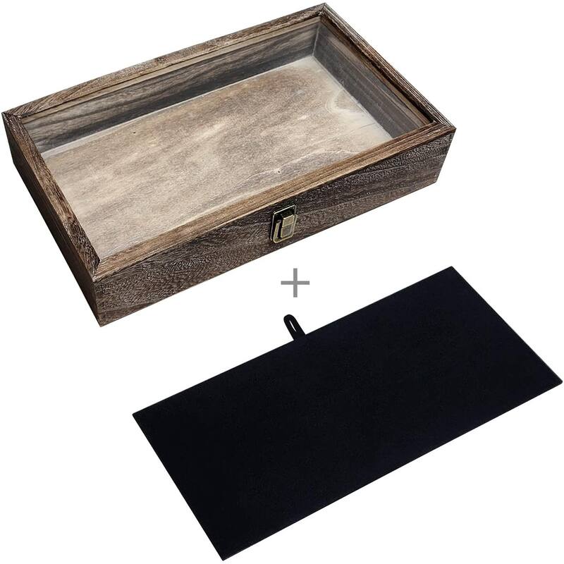 Wooden Jewelry Display Case with Tempered Glass Top & Black Velvet Pad Insert, Wooden Jewelry Tray for Collectibles - S