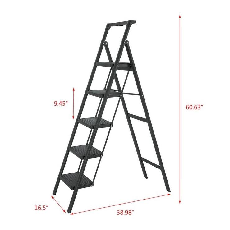 Black 5 Step Stool Folding Step Stool with Handrails