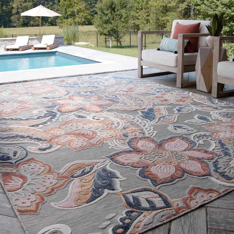 Tropicana Tropical Floral Indoor/Outdoor Area Rug - 5'1'' x 7'3'' - Gray/Light Red