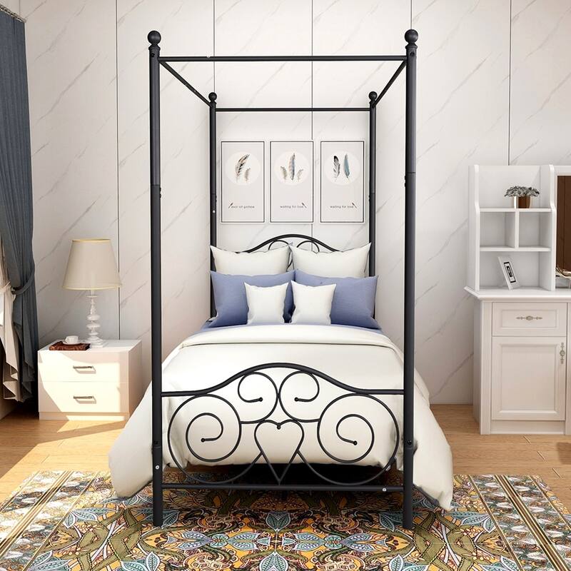 Canopy Metal Bed Frame with Vintage Style Headboard & Footboard ，Easy DIY Assembly All Parts Included