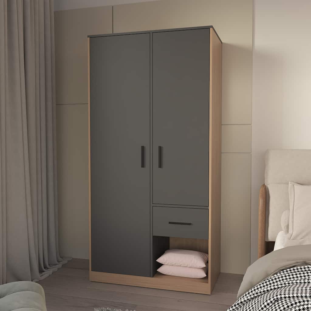 Lugoff Wardrobe with Two Doors and One Drawer, Matt Grey and Natural Oak