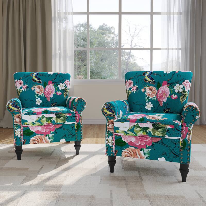 Mid-Century Modern Accent Chairs with Nailhead Trim - Linen - Pattern Blue-2Set