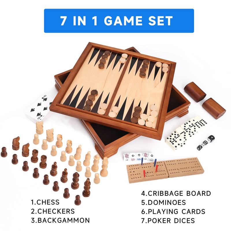 Deluxe 7-in-1 Chess/Checkers/Backgammon/Dominoes/Cribbage Board/Playing Card/Poker Dice Board Game Combo Set