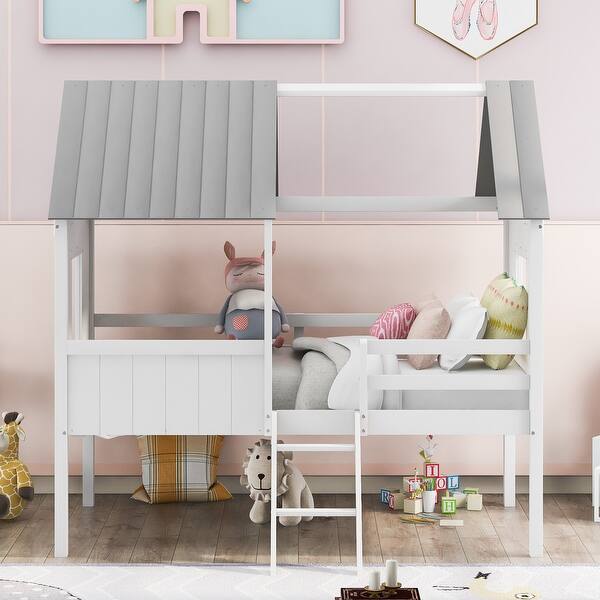 slide 2 of 48, Twin Size Low Loft Wood House Bed With Two Side Windows White-Grey
