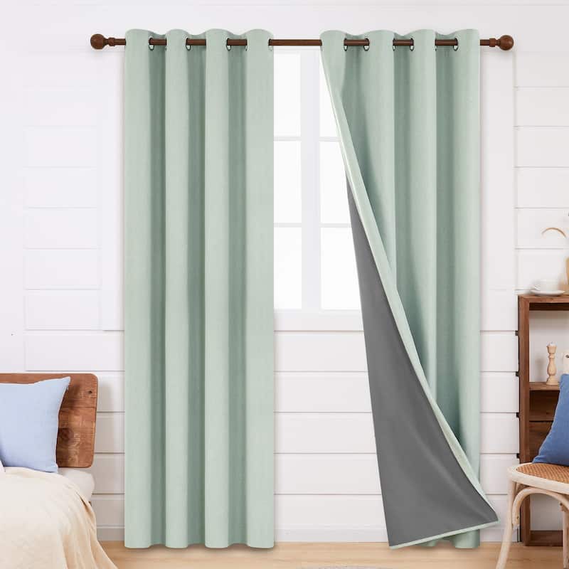 Deconovo Faux Linen Total Blackout with Coating Curtains (2 Panel) - 52W x 54L - Light Green