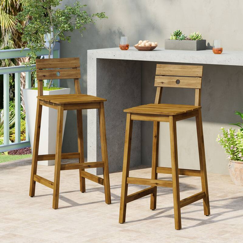 Roomfitters 2-Piece Outdoor Acacia Wood Bar Stools, Rustic Patio Counter Height Dining Chairs with Slat Back Design, Brown