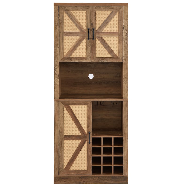 Tall Wine Bar Cabinet Faux Rattan Storage Cabinet w/ Microwave Shelves, Barn Door Sideboard Buffet Wine Bottle Storage Rack, Oak