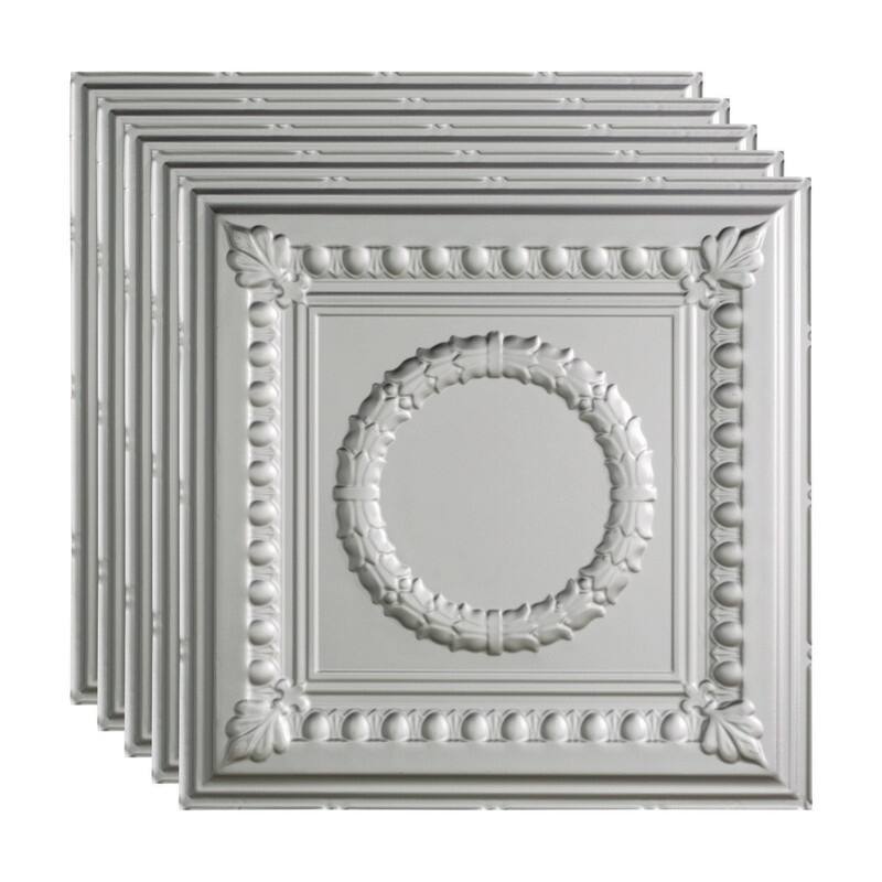 FASÄDE Rosette Decorative Vinyl 2ft x 2ft Lay in Ceiling Panel in Argent Silver (5 Pack) - 5 Pack - Argent Silver