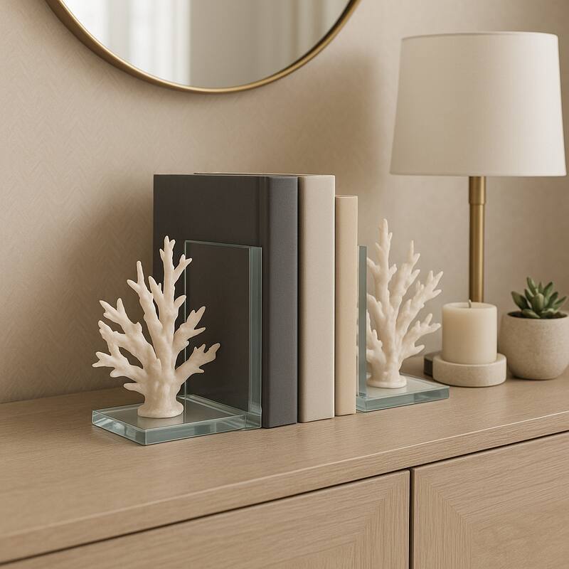Decorative Costal Coral Accent on Glass Base Bookends - 7", White - 7.25"