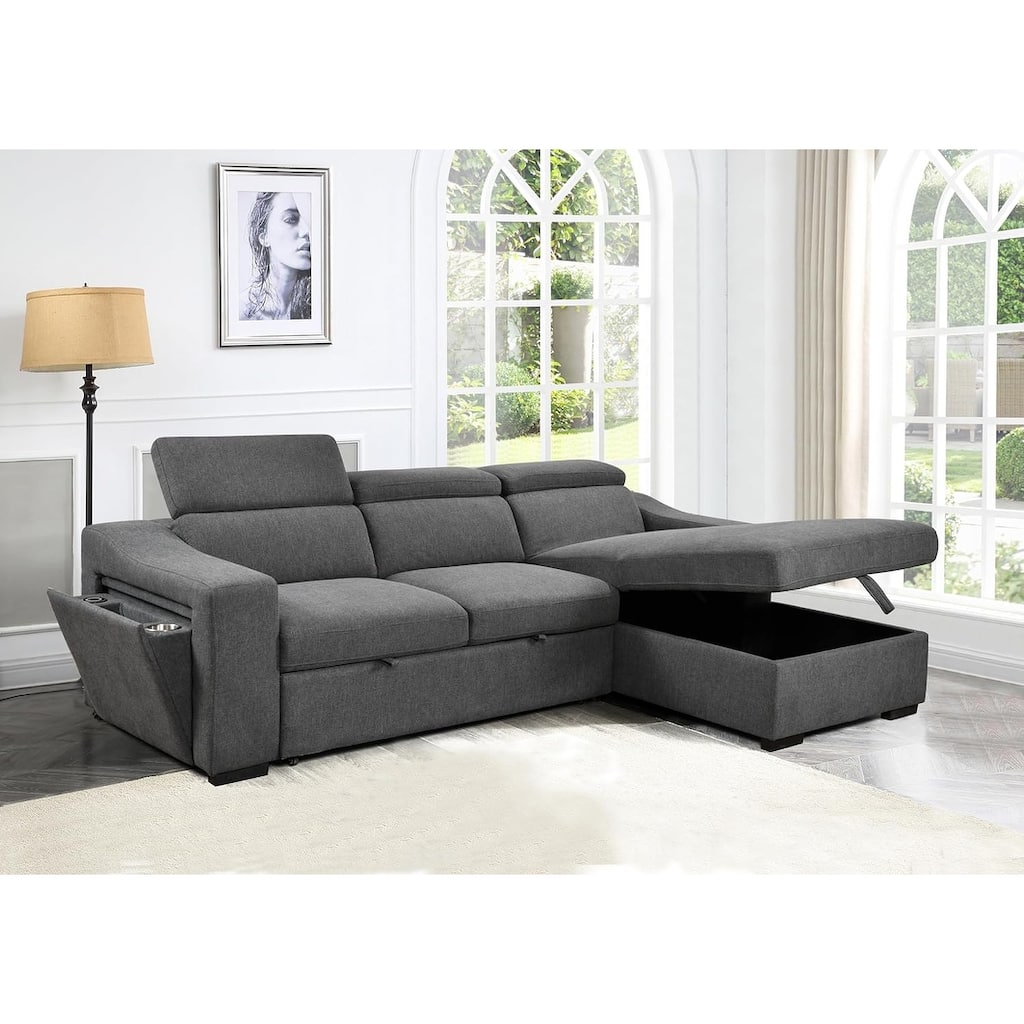 Roomfitters 103" Convertible Sectional Sofa with Storage Chaise, Adjustable Headrests, L-Shaped Sleeper Corner Sofa, Dark Gray