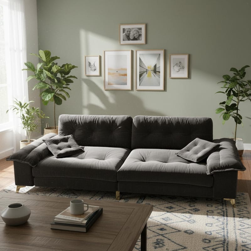 Homy Casa 4-Seat Cloud Sofa with Wide Removable Armrests & Pillows, Golden Legs, Beige Grey