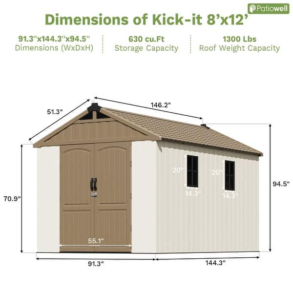 dimension image slide 6 of 10, Patiowell 8' x 6' / 8' x 8' / 8' x 10 '/ 8' x 12' Plastic Outdoor Shed With Floor for Patio Furniture, Tools (Kick-It Shed)
