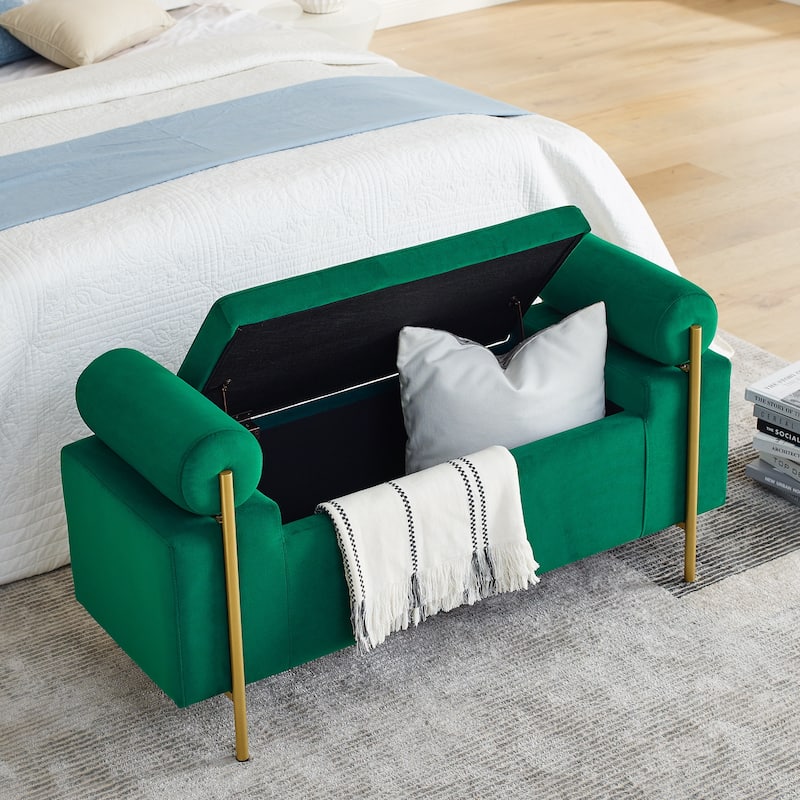 Linen Upholstered Storage Bench with Cylindrical Arms and Iron Legs