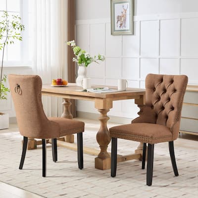 Modern Linen Upholstered Dining Chairs with Wood Legs - Set of 2