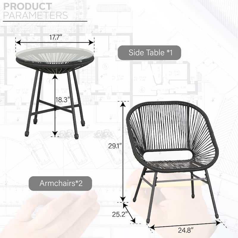 3-Piece Patio Bistro Sets, All Weather Round Wicker PE Weave Basket Chair Set of 4