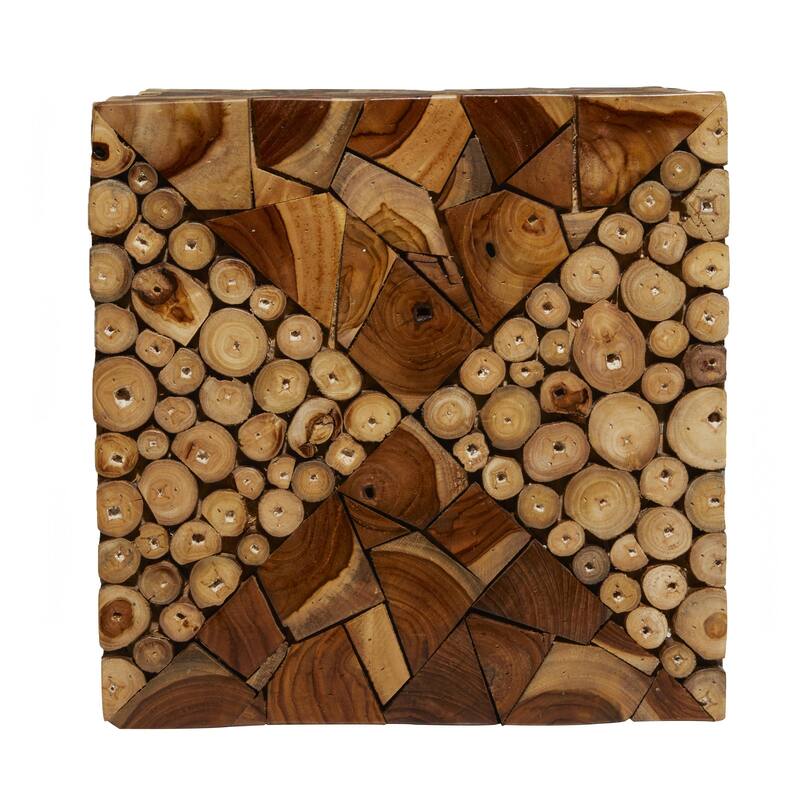 Brown Teak Wood Handmade Square Block Side End Accent Table with Mosaic Wood Chip Design