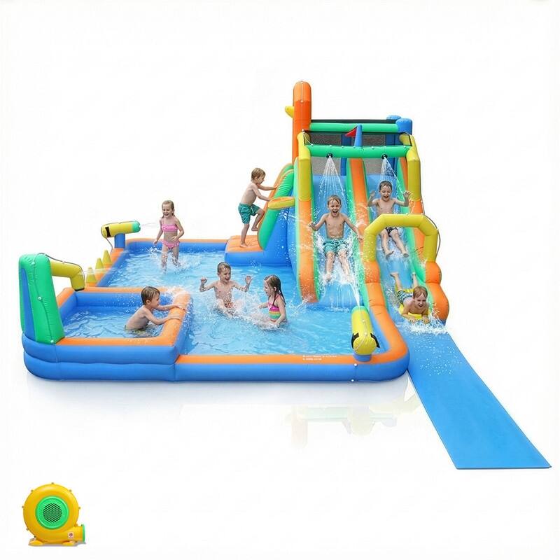 Oxford Cloth Inflatable Castle Bounce House In Blue And Yellow With Double Slides, Climbing Wall And Water Pool - N/A - 5-7 Years