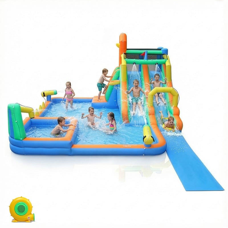 Oxford Cloth Inflatable Castle Bounce House In Blue And Yellow With Double Slides, Climbing Wall And Water Pool - N/A