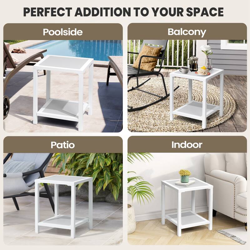 All Weather 2-Tier Patio End Table Outdoor Side Table Aluminum Frame - 15.75" L * 15.75" W * 19.68" H