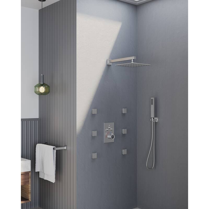 GRANDJOY Thermostatic Shower Faucet System Rainfall 12" Wall Mount Shower Faucet 6 Body Jets Handheld Spray High Pressure - Brushed Nickel