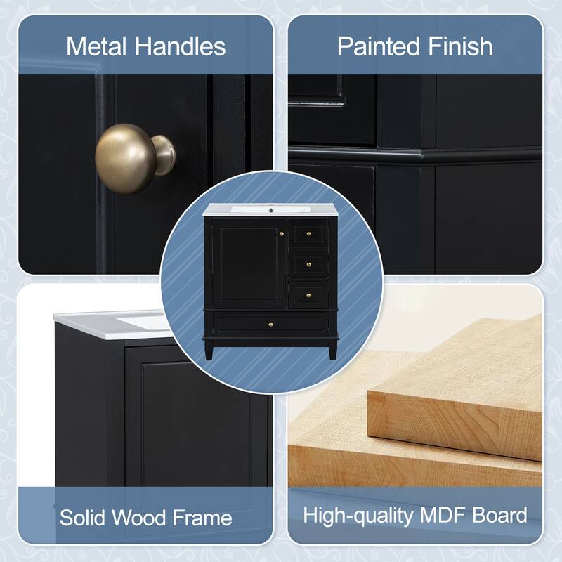 30" Freestanding Bathroom Vanity with Sink, One Door Cabinet and 3 Drawers, Solid Wood Frame & MDF Board