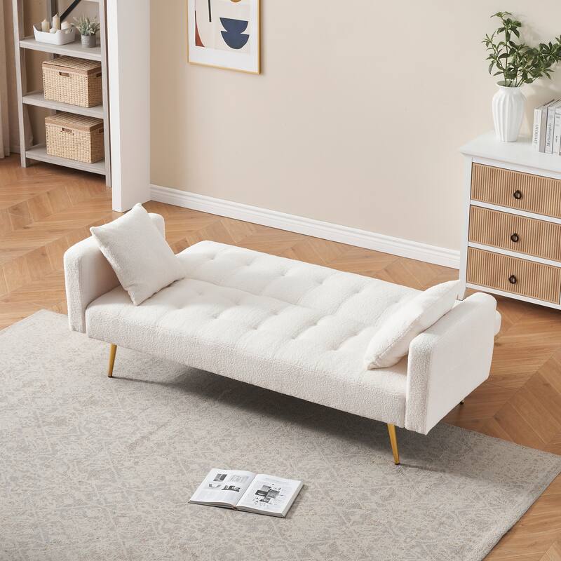 71.7 - inch Beige Teddy Fleece Sofa Bed with Two Throw Pillows