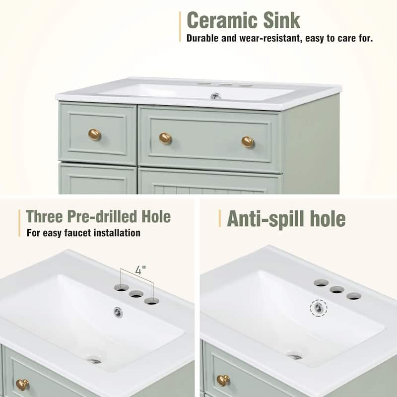 24-Inch Bathroom Vanity Cabinet with Ceramic Sink - 2 Drawers and 1 Door
