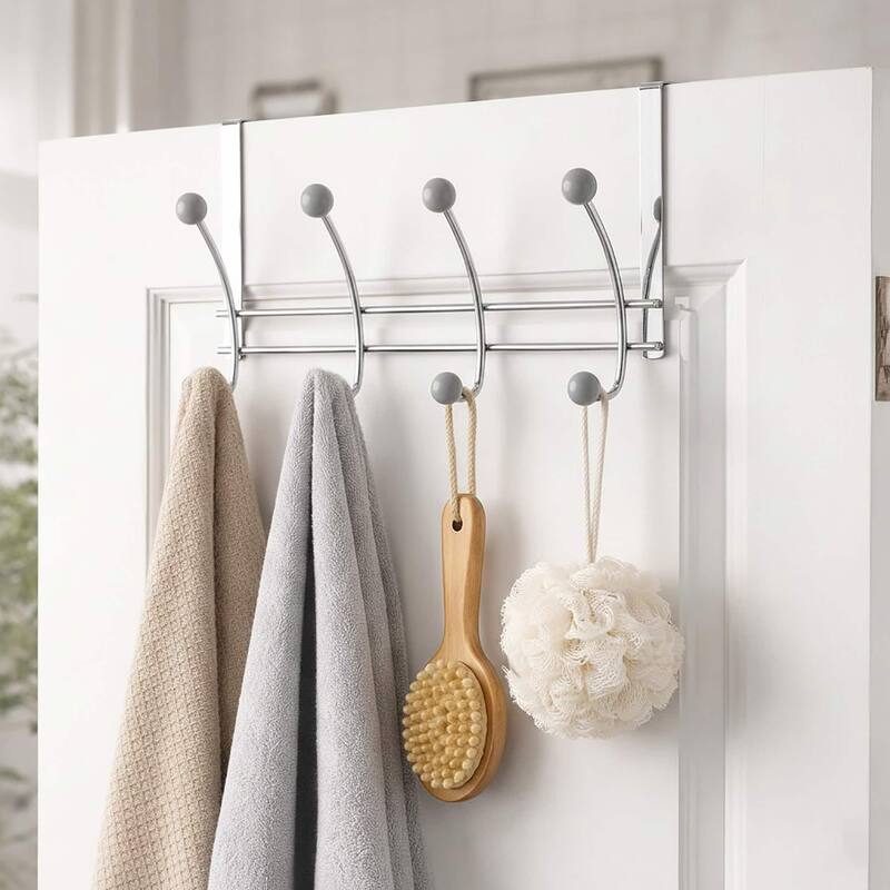 Over The Door Hook Rack with 8 Ball Ends - 15 L x 4 W x 7.5 H - Chrome/Gray
