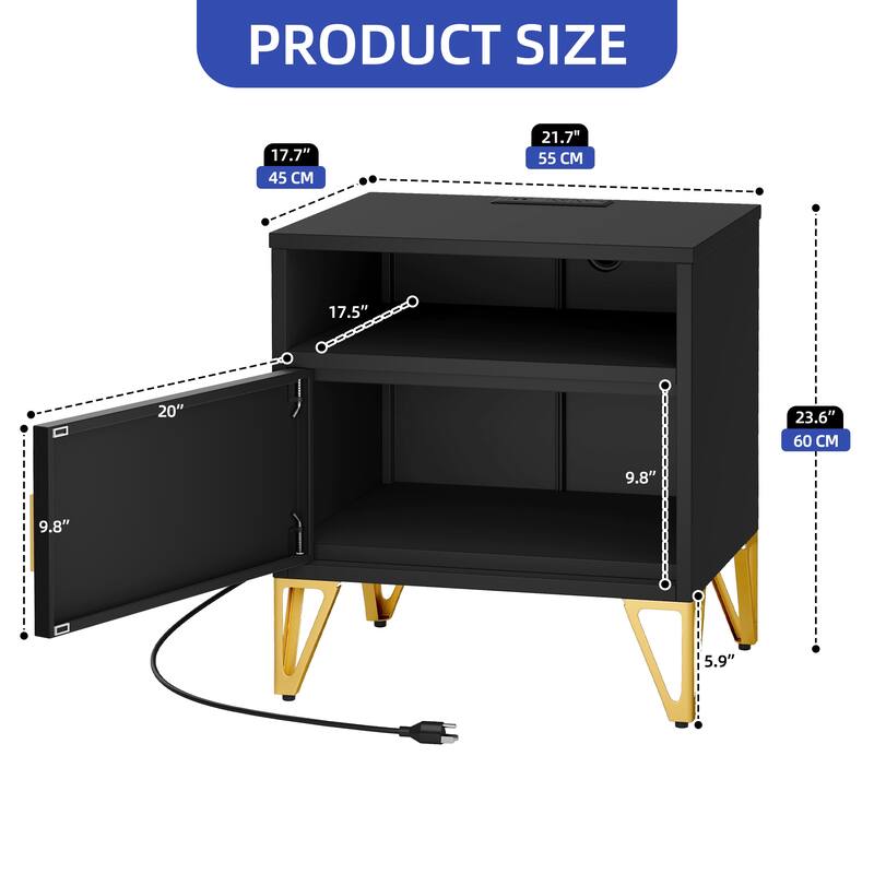 Moasis Set of 2 Black Nightstand with Embedded USB & AC Charging Station