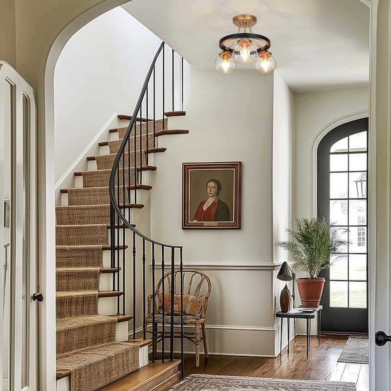 Modern Farmhouse 3-Light Black Gold Semi-Flush Mount Glass Ceiling Light - 14.5" D x 12" H