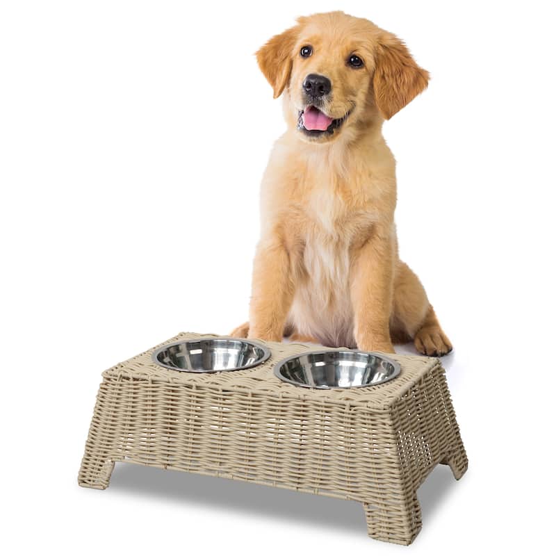 Serenity Elevated Pet Feeder 6.9" - Wicker Stand with 18oz Stainless Bowls - Almond