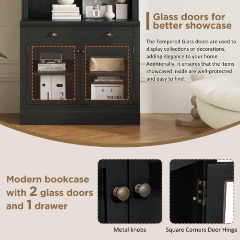 83.4" Contemporary Glass Door Bookcase with LED Lights & Drawer - Elegant Display Storage Shelf for Living Room and Study Room