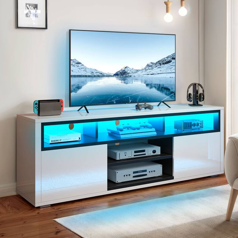 Moasis Modern Glossy LED TV Stand For TVs up to 70 inches, Entertainment Center & Media Console for Living Room - White - 65 inches in width