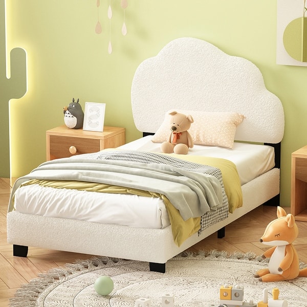 slide 2 of 9, Twin Size Upholstered Boucle Fabric Platform Bed with Cloud-Shaped Headboard, Pine Wood Bed Frame for Kids, Boys & Girls, White White - Twin
