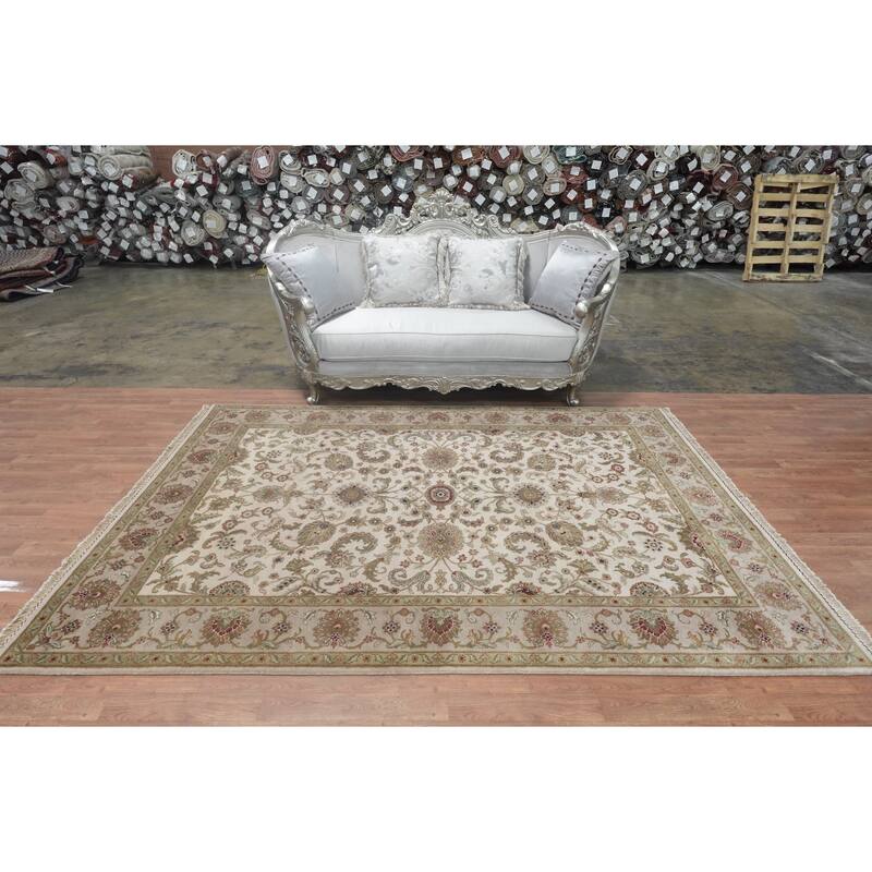 Hand Knotted Oriental 100% Wool Carpet Traditional All-Over Beige & Ivories Agra Area Rug - 9' 3'' X 6' 0''