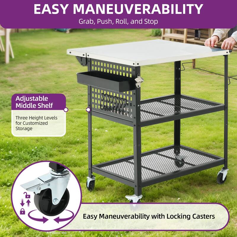 Moasis Outdoor 2 Tiers Stainless Steel Top Grill Cart Table with Drop Leaf and Wheels
