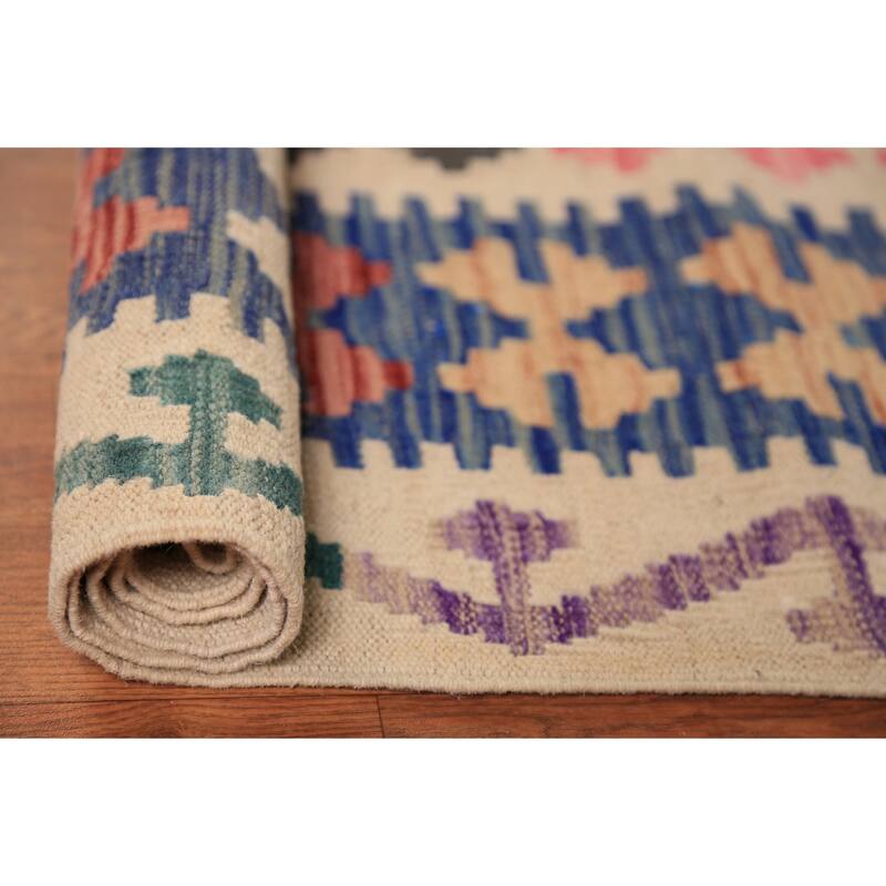 All-Over Geometric Kilim Oriental Area Rug Hand-Woven Wool Carpet - 8'5"x 11'11"