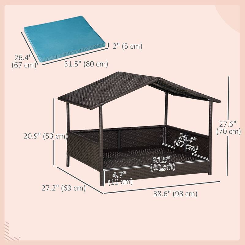 PawHut Wicker Dog House Raised Rattan Bed for Indoor/Outdoor