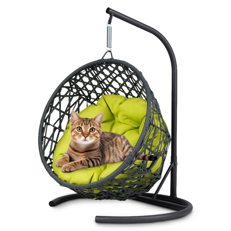 Pet Hanging Swing Bed, Rattan Hammock with Removable Soft Cushion, Cat Swing Bed with Stand & Cushion, Small Animals - Green