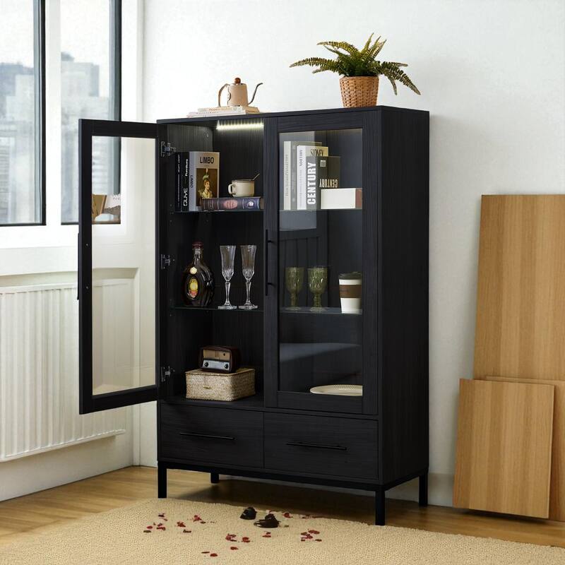 60" Tall Farmhouse Display Cabinet with Glass Doors, LED Lighting, Adjustable Shelves and 2 Drawers