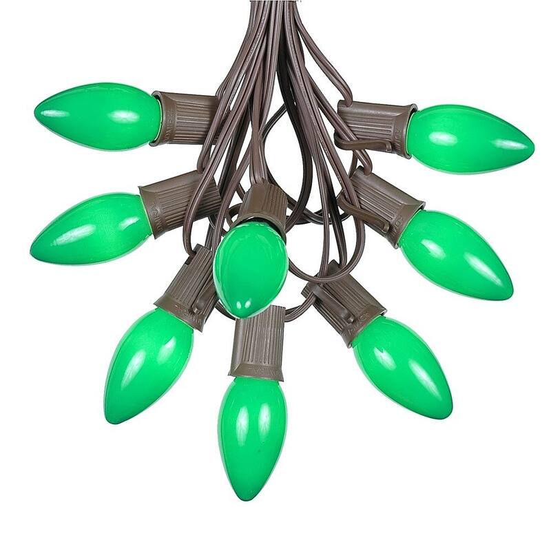 100 Foot C9 Ceramic Christmas Light Set, Hanging String Lights, Brown Wire - Green