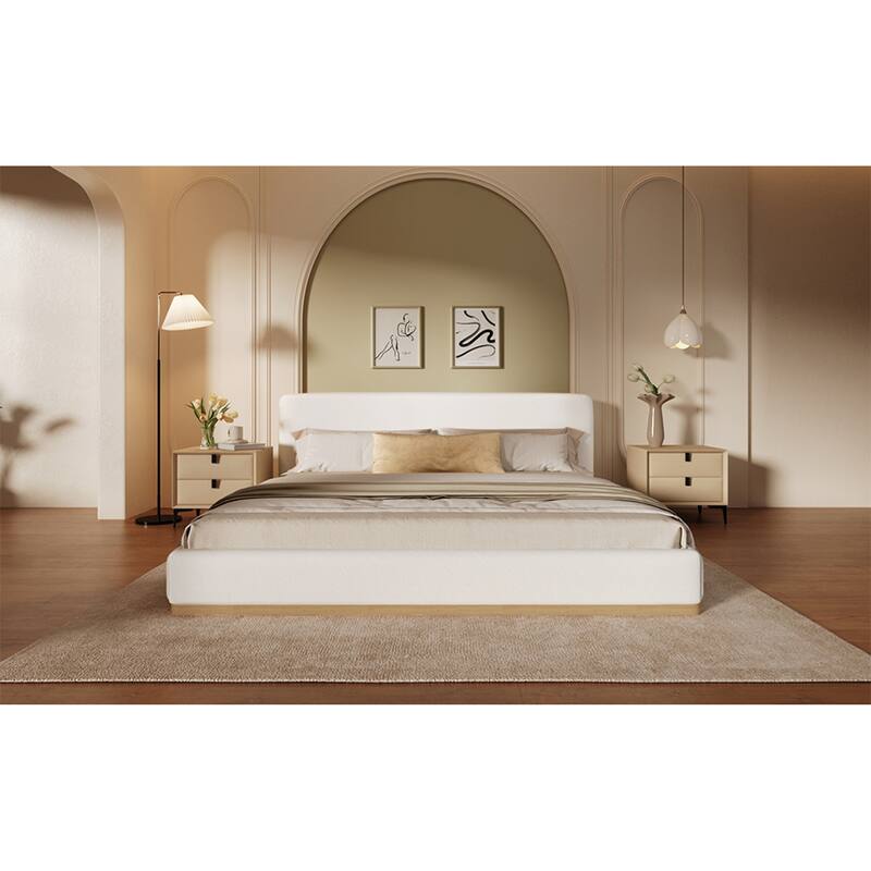 Roomfitters Elegant Upholstered Bed Frame, Solid Wood Slat Support, White