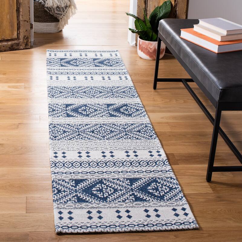 SAFAVIEH Augustine Tutku Contemporary Cotton Rug - 2' x 8' Runner - Navy/Creme