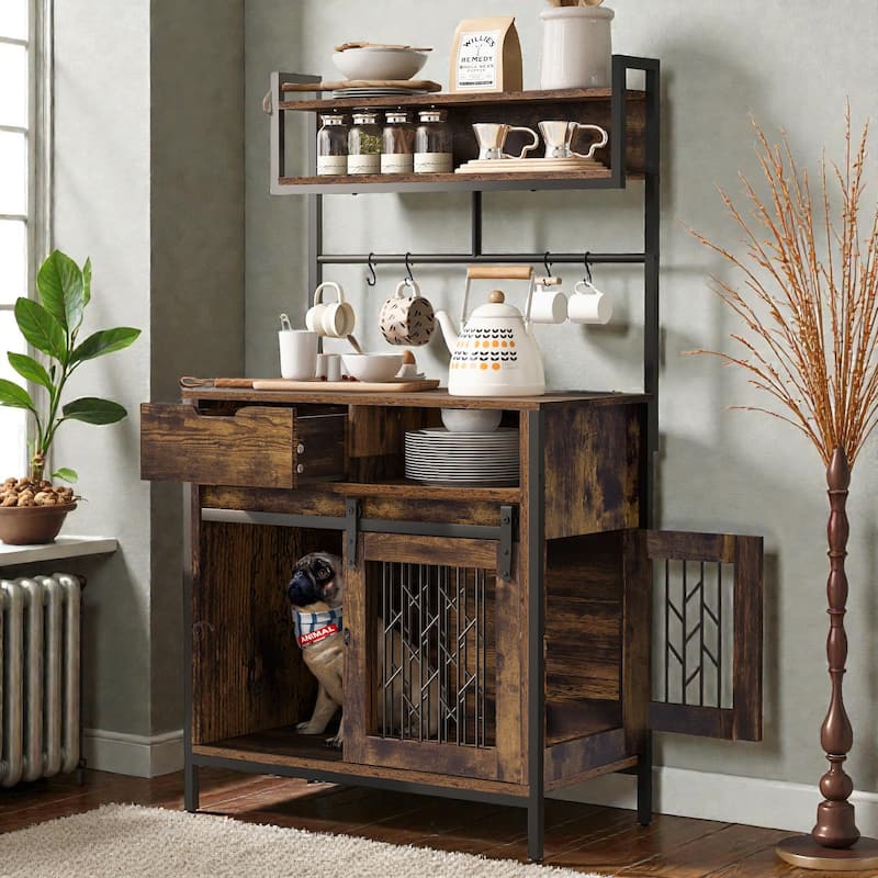 2-in-1 Rustic Dog Crate Side Cabinet Hutch, Dog Kennel Furniture with Storage, Drawers & Cupboard for Small Dogs up to 40 lbs